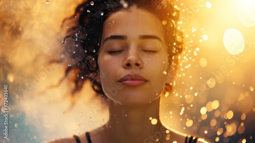 Close-up of a serene woman with closed eyes, her face gently touched by water and surrounded by warm, golden light. The bokeh background adds to the peaceful, meditative atmosphere