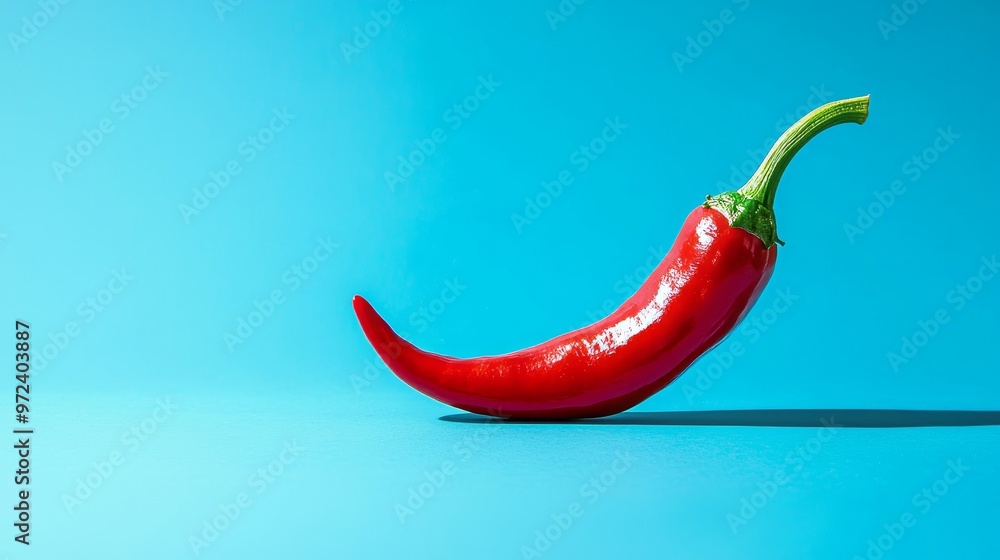 Fresh Red Chili Pepper with Green Stalk on Blue Background - Spicy Food Ingredient Generative AI Fresh Red Chili Pepper with Green Stalk on Blue Background - Spicy Food Ingredient Generative AI