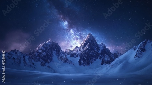 Snow-covered mountains under a clear, starry sky, with the peaks illuminated by the faint light of the Milky Way. 4K hyperrealistic photo.