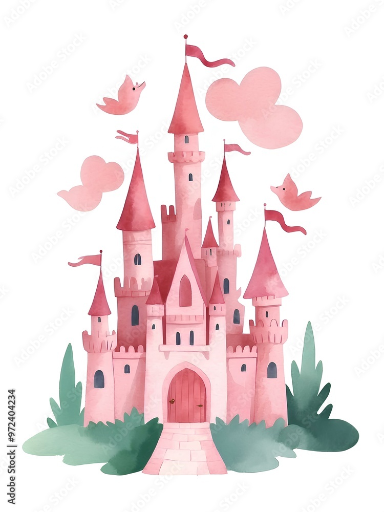 Fototapeta premium Pink Magical Princess Fairytale Castle, Magical Kingdom Castle, cute Castle, princess, Watercolor castle clipart digital download, nursery art