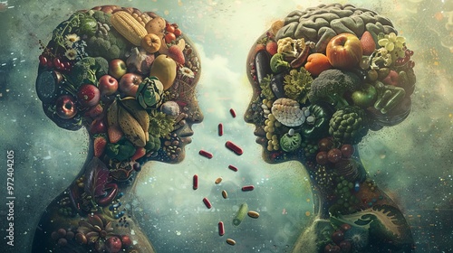 Illustrative Representation of Brain versus Nutrition with Fruits and Supplements