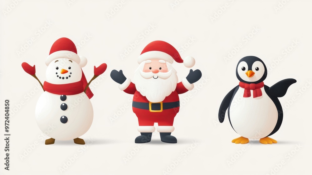 Holiday vector set featuring Santa Claus, snowman, and penguin, each in a funny, Holiday vector set featuring Santa Claus, snowman, and penguin, each in a funny,