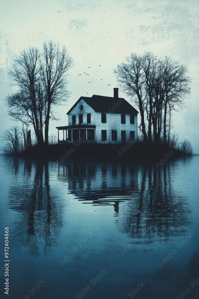 Fototapeta premium Abandoned House on a Still Lake with a Cloudy Sky