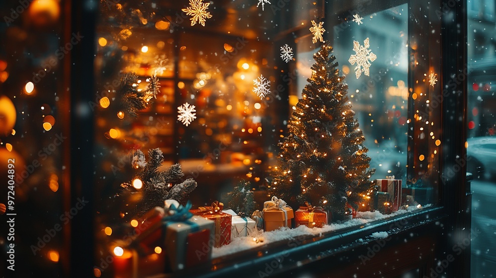 Christmas window display with twinkling lights, snowflakes, a decorated tree, and cozy indoor scenes visible through the glass. 4K hyperrealistic photo. Christmas window display with twinkling lights, snowflakes, a decorated tree, and cozy indoor scenes visible through the glass. 4K hyperrealistic photo.