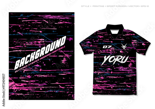 Sublimation Jersey Design vector pattern sporty background texture scratch football basketball netball gaming esport shirt template modern glitches stripes purple grunge