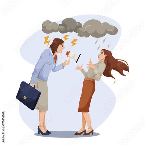 Illustration of a boss yelling at an employee through a megaphone. Dark clouds and lightning bolts symbolize workplace stress. Concept of workplace conflict. Vector illustration