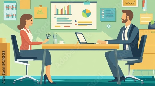 Illustration of a business meeting with a coach in flat design, focusing on training and