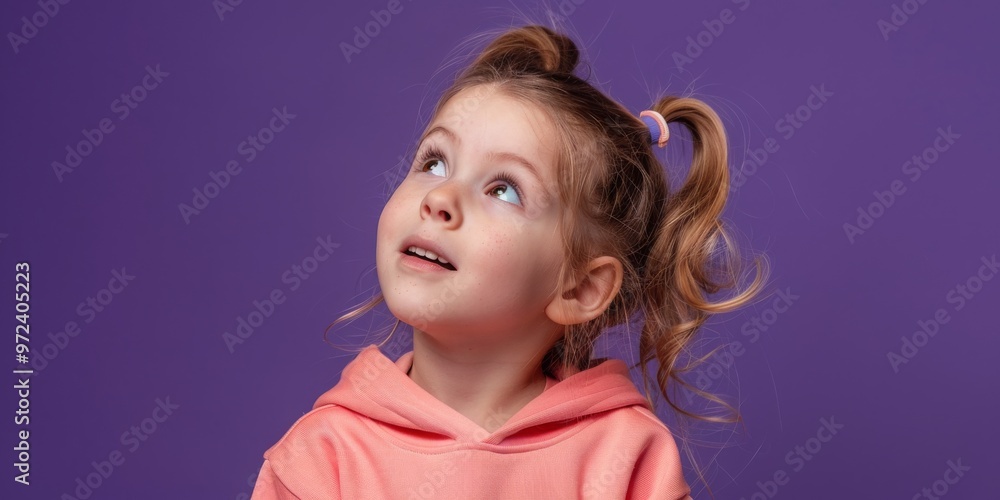 Amazed Little Girl Looking Up | Purple Background | Childhood Wonder and Expression Concept Amazed Little Girl Looking Up | Purple Background | Childhood Wonder and Expression Concept