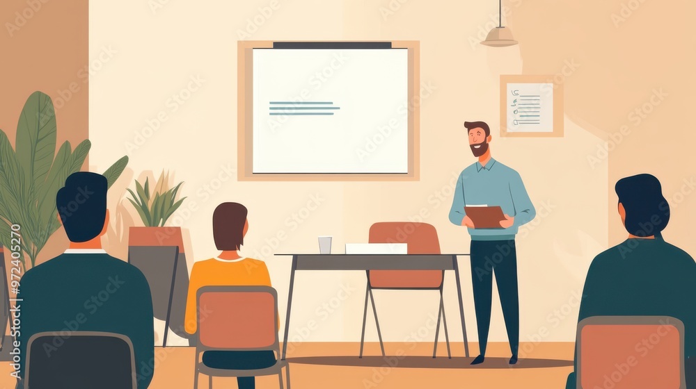 Illustration of a business meeting with a coach in flat design, focusing on training and Illustration of a business meeting with a coach in flat design, focusing on training and