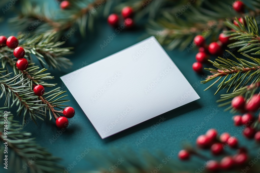 Fototapeta premium Blank card surrounded by pine branches and red berries on green background for Christmas greeting