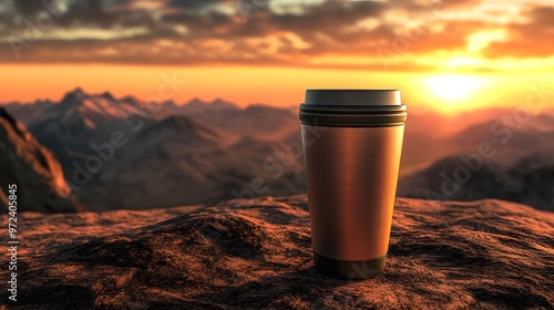 Travel Mug: A travel mug filled with coffee, with a beautiful sunrise over a mountain range in the background.
