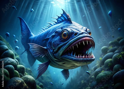 A menacing fish with razor-sharp teeth and vibrant blue scales swims in a dark, mysterious aquatic environment, its photo