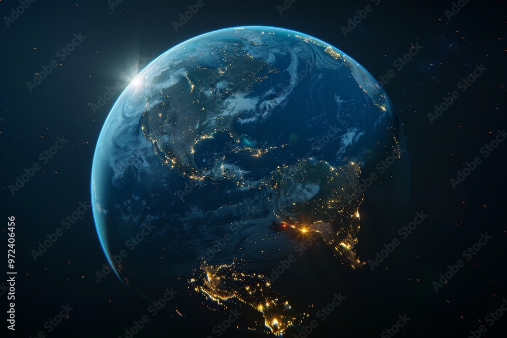 Fototapeta premium Hyper Realistic Blue Earth Rendered with Lights on Continents.