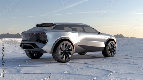 Fototapeta Naklejka Na Ścianę i Meble -  cinematic shot of a silver electric suv concept car parked on the white salt lake desert landscape during daytime, minimalistic design with black wheels, natural lighting, side view angle, futuristic