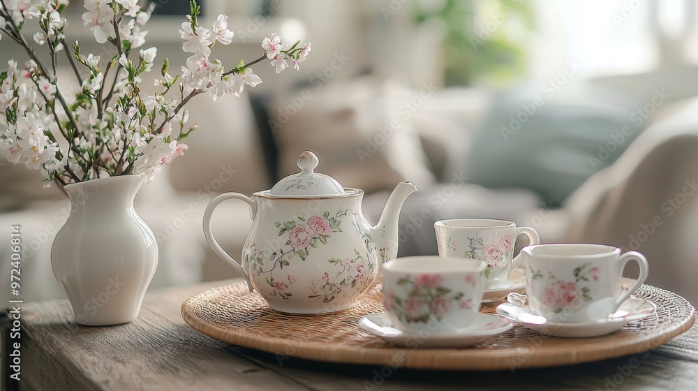 Cozy Living Room with Tea Set, Perfect for Relaxation and Social Gatherings Generative AI Cozy Living Room with Tea Set, Perfect for Relaxation and Social Gatherings Generative AI