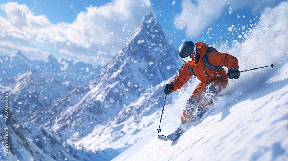 Skier carving down a steep, snowy mountainside, with snowflakes flying and majestic peaks in the background. 4K hyperrealistic photo. Skier carving down a steep, snowy mountainside, with snowflakes flying and majestic peaks in the background. 4K hyperrealistic photo.