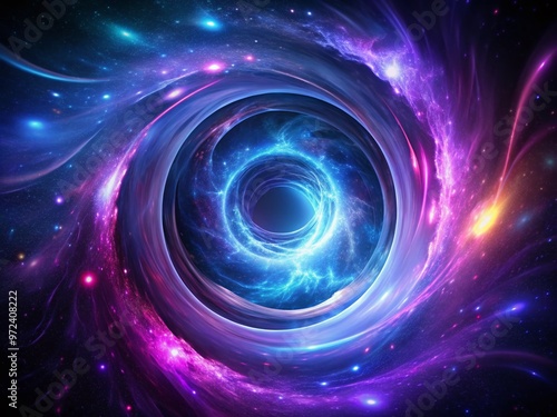 A mesmerizing dark vortex with swirling purple and blue lights, creating a stunning cosmic logo concept, symbolizing