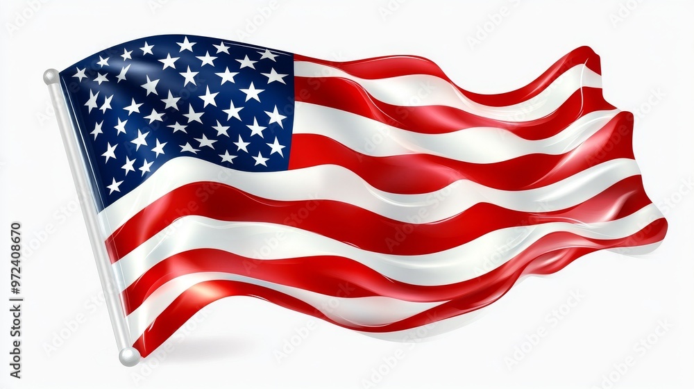 Obraz premium high-resolution vector illustration of american flag, waving in the wind, simple clip art on white background, detailed 3D render without shadow effect, patriotic symbolism