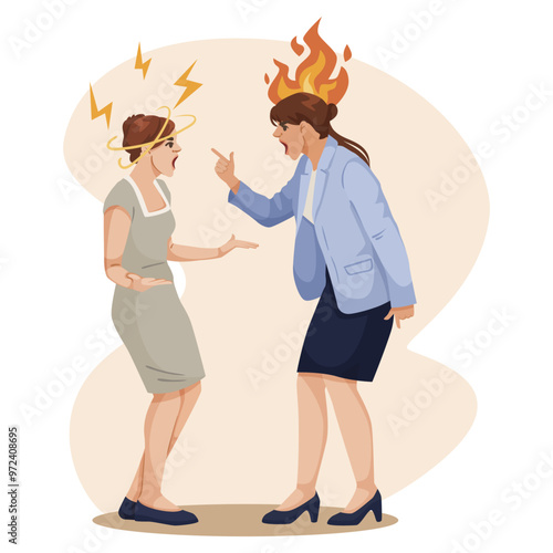 Two women arguing with stressed expressions, one with flames and the other with lightning on a light background. Concept of workplace stress. Vector illustration