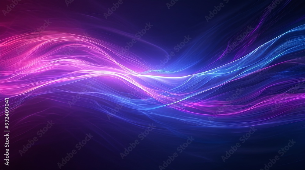 Fototapeta premium Vibrant abstract waves of pink and blue light flowing seamlessly against a dark background, evoking a sense of motion and energy.
