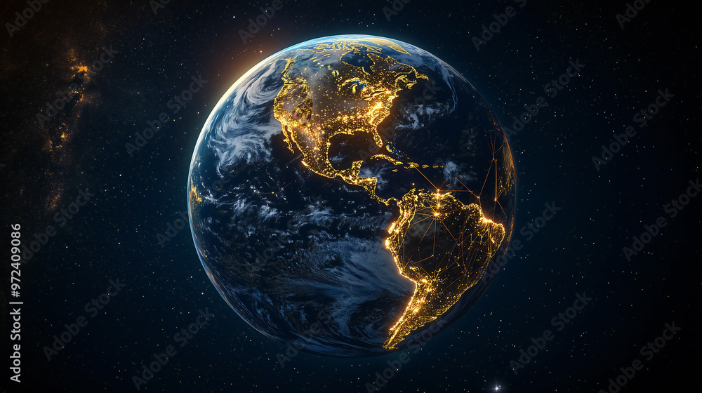 Fototapeta premium The Earth, as seen from space, is meant to symbolize the global cause of good. The map shows a glowing, subtly stylized Earth against a pitch-black background, complete with stars and nebula.