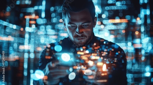 A man holding a phone with glowing particles in his hand, standing in front of a blue and white background with glowing numbers.