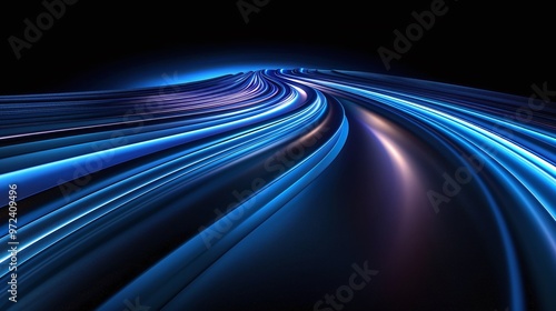 Vibrant blue light trails flow seamlessly against a dark background, creating a sense of motion and energy in a digital landscape. Product presentation background.