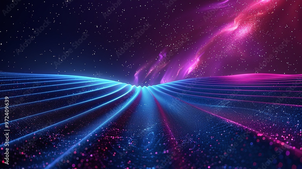 Obraz premium Vibrant cosmic landscape featuring neon blue and pink lines flowing through a starry universe, evoking a sense of space and infinity. Product presentation background.