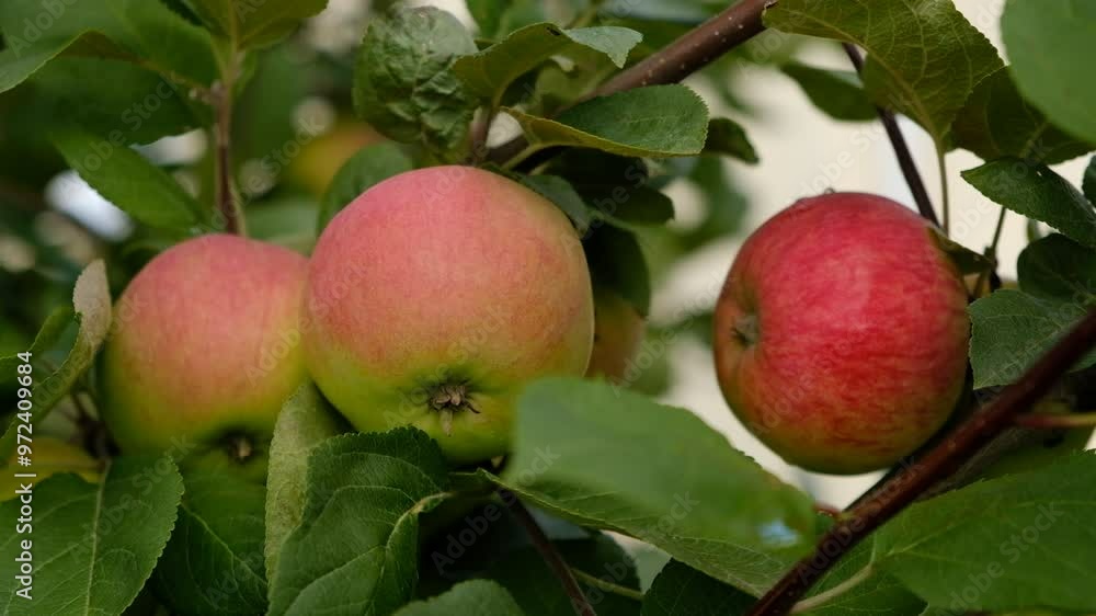 Green branch of apple tree with leaves and red ripe fruits apples in the garden. Fresh and juicy apples ready for harvest. Rural landscape, Orchard. Close-up. Movement of leaves from the wind. Green branch of apple tree with leaves and red ripe fruits apples in the garden. Fresh and juicy apples ready for harvest. Rural landscape, Orchard. Close-up. Movement of leaves from the wind.