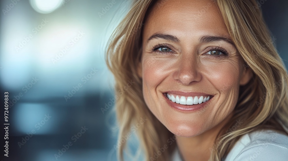 Radiant Middle-Aged Businesswoman Smiling Confidently in Office Setting with Pen and Notepad under Bright Lighting Radiant Middle-Aged Businesswoman Smiling Confidently in Office Setting with Pen and Notepad under Bright Lighting