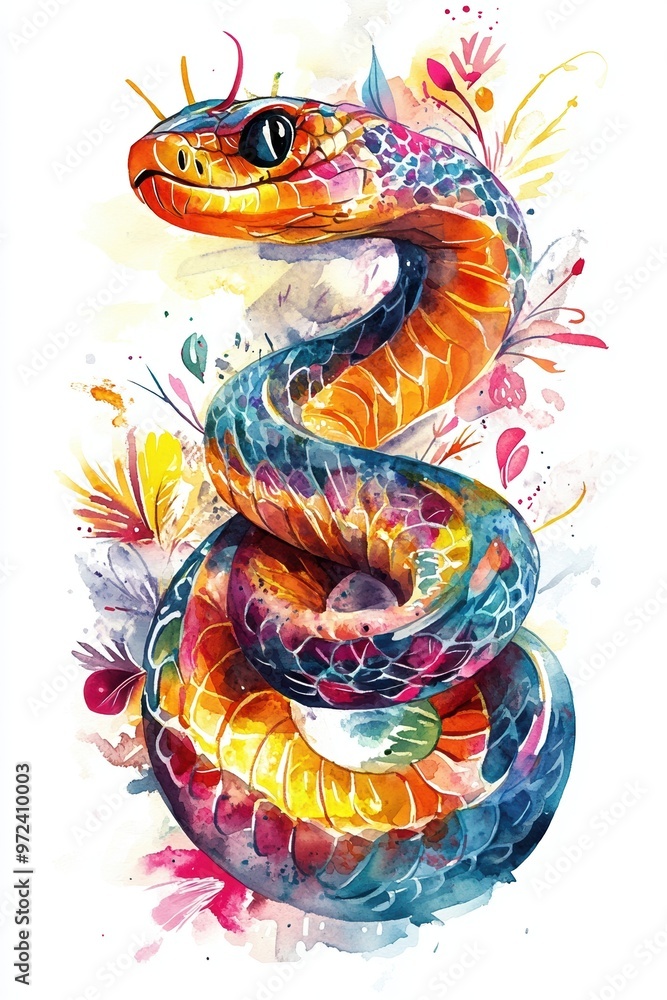A vibrant watercolor illustration of a coiled snake with bright, bold colors and intricate patterns, surrounded by floral and abstract elements, creating an expressive and lively artwork A vibrant watercolor illustration of a coiled snake with bright, bold colors and intricate patterns, surrounded by floral and abstract elements, creating an expressive and lively artwork
