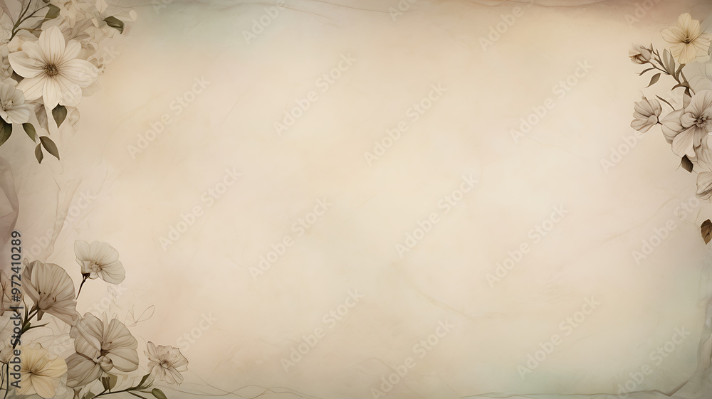 Aged paper textured background in warm beige tones, decorated with white floral illustrations and grey leaves in a vintage style – ideal for wedding invitations and classic stationery designs. Aged paper textured background in warm beige tones, decorated with white floral illustrations and grey leaves in a vintage style – ideal for wedding invitations and classic stationery designs.