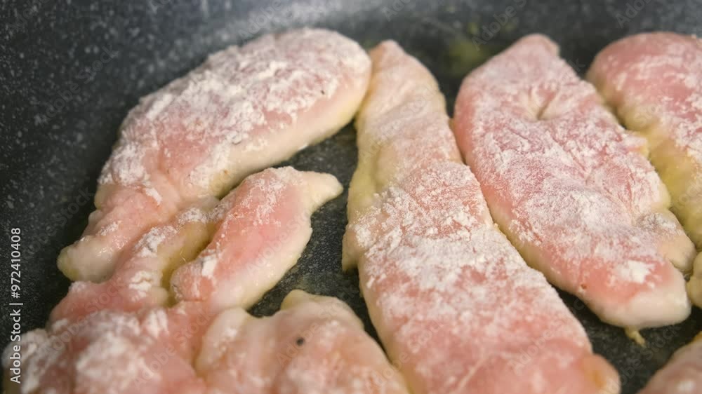 Cooking frying breading chicken breast meat in flour on skillet at home on kitchen at home. Ingredient recipe cuisine culinary. Homemade meal preparation. Protein meat healthy dish. Cooking frying breading chicken breast meat in flour on skillet at home on kitchen at home. Ingredient recipe cuisine culinary. Homemade meal preparation. Protein meat healthy dish.