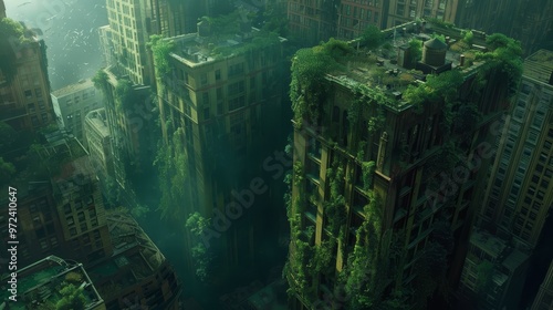 Overgrown Post-Apocalyptic Cityscape with Lush Greenery and Vines