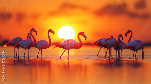 A graceful ballet of flamingos in a shallow lagoon