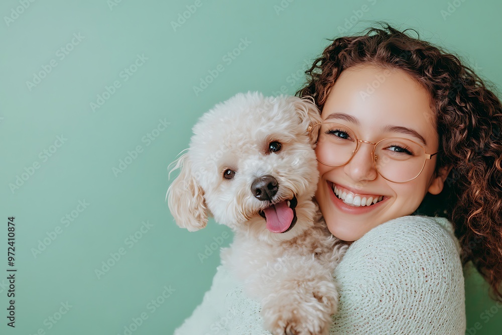 Young smiling happy cheerful owner woman with her best friend dog isolated on light colored background Young smiling happy cheerful owner woman with her best friend dog isolated on light colored background