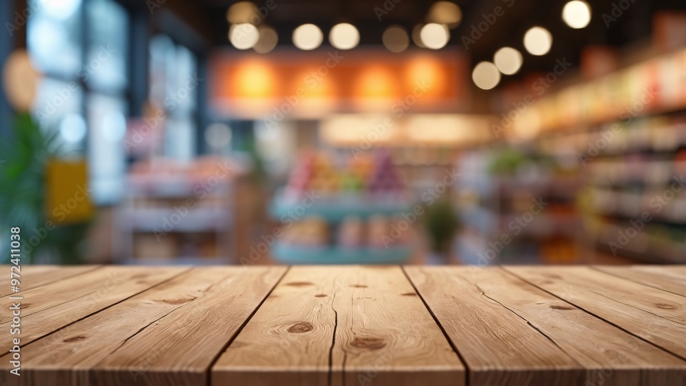 Wooden Tabletop in Front of Blurred Supermarket Aisle - Retail Store Shelf Background with blur background Wooden Tabletop in Front of Blurred Supermarket Aisle - Retail Store Shelf Background with blur background