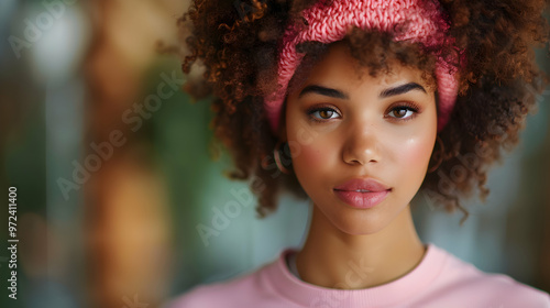 Young American African Woman Eating Burger Enjoyin photo