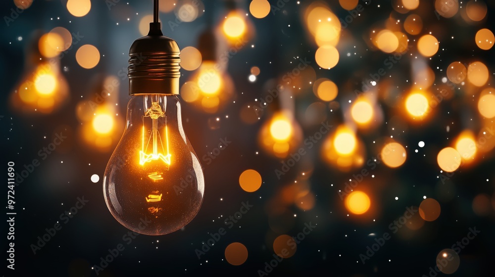 Close-up of a Christmas light bulb glowing against a dark holiday bokeh background for festive mood Close-up of a Christmas light bulb glowing against a dark holiday bokeh background for festive mood