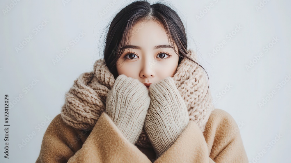 A young Asian woman bundled up in a thick winter coat, scarf, and gloves, exuding warmth and style in a winter fashion setting A young Asian woman bundled up in a thick winter coat, scarf, and gloves, exuding warmth and style in a winter fashion setting