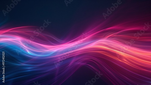 Vibrant wave of colorful light flows elegantly across a dark background, creating a mesmerizing visual experience. Product presentation background.