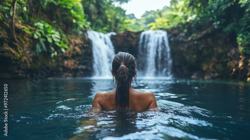 A woman in a black swimsuit swims in a serene jungle pool with two cascading waterfalls in the background, enjoying the refreshing water and natural beauty surrounding her.