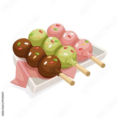 A plate of colorful dango skewers with chocolate, green tea, and strawberry flavors, illustrated on a white background. Asian dessert concept. Vector illustration