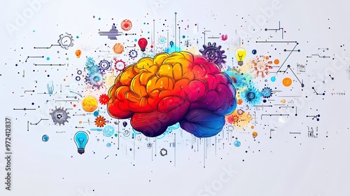 Cartoon A human brain in the center, with colorful shapes, lines, and symbols (light bulbs, gears, flowers, etc.) flowing outward, symbolizing ideas being released from within