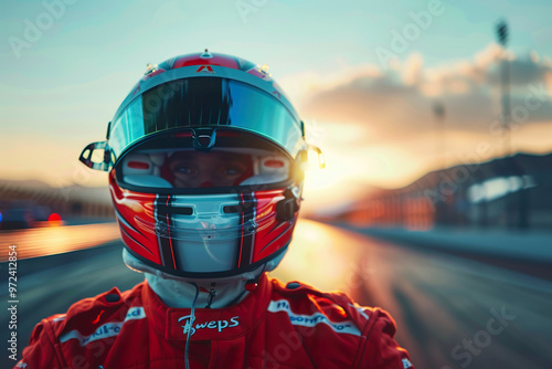 A man in a racing helmet is driving a race car. generative ai.,