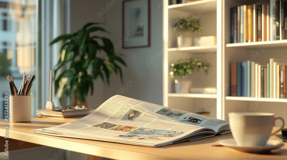 Light wood desk and white bookshelf, newspaper open to a section with animated Light wood desk and white bookshelf, newspaper open to a section with animated