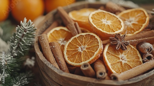 Crafting homemade Christmas potpourri with dried oranges, cinnamon sticks, and cloves, ready to be packaged as gifts. 4K hyperrealistic photo.