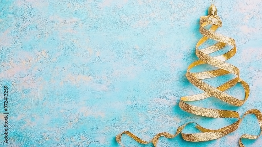 Golden ribbon forming a Christmas tree shape on blue background Golden ribbon forming a Christmas tree shape on blue background