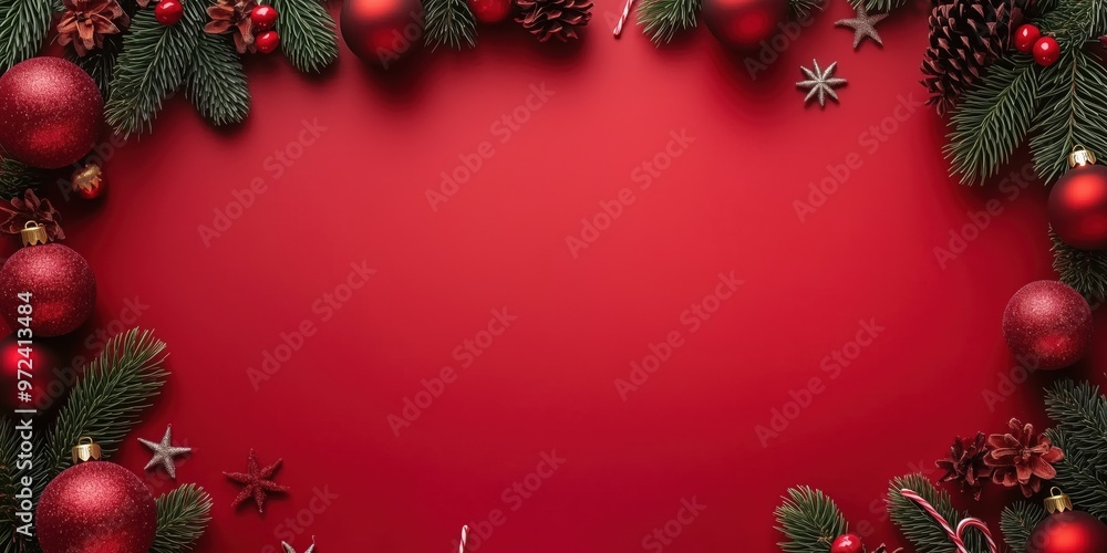 Christmas frame with pine branches and red ornaments on red background Christmas frame with pine branches and red ornaments on red background