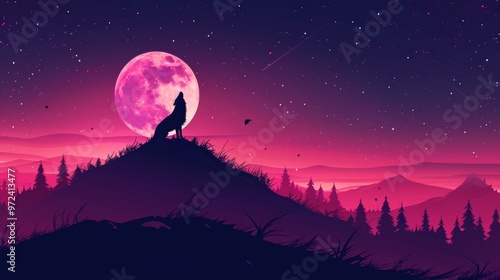 Cartoon Wolf Howling at the Moon on a Hill Under Starry Sky.